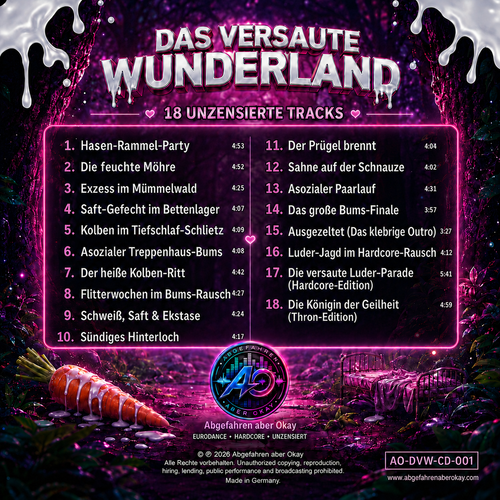 Rückseite und Titelliste: Das versaute Wunderland – Album-CD (18 unzensierte Tracks)